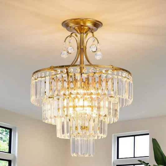 Semi Flush Crystal Chandelier With E14 Base Ceiling Light