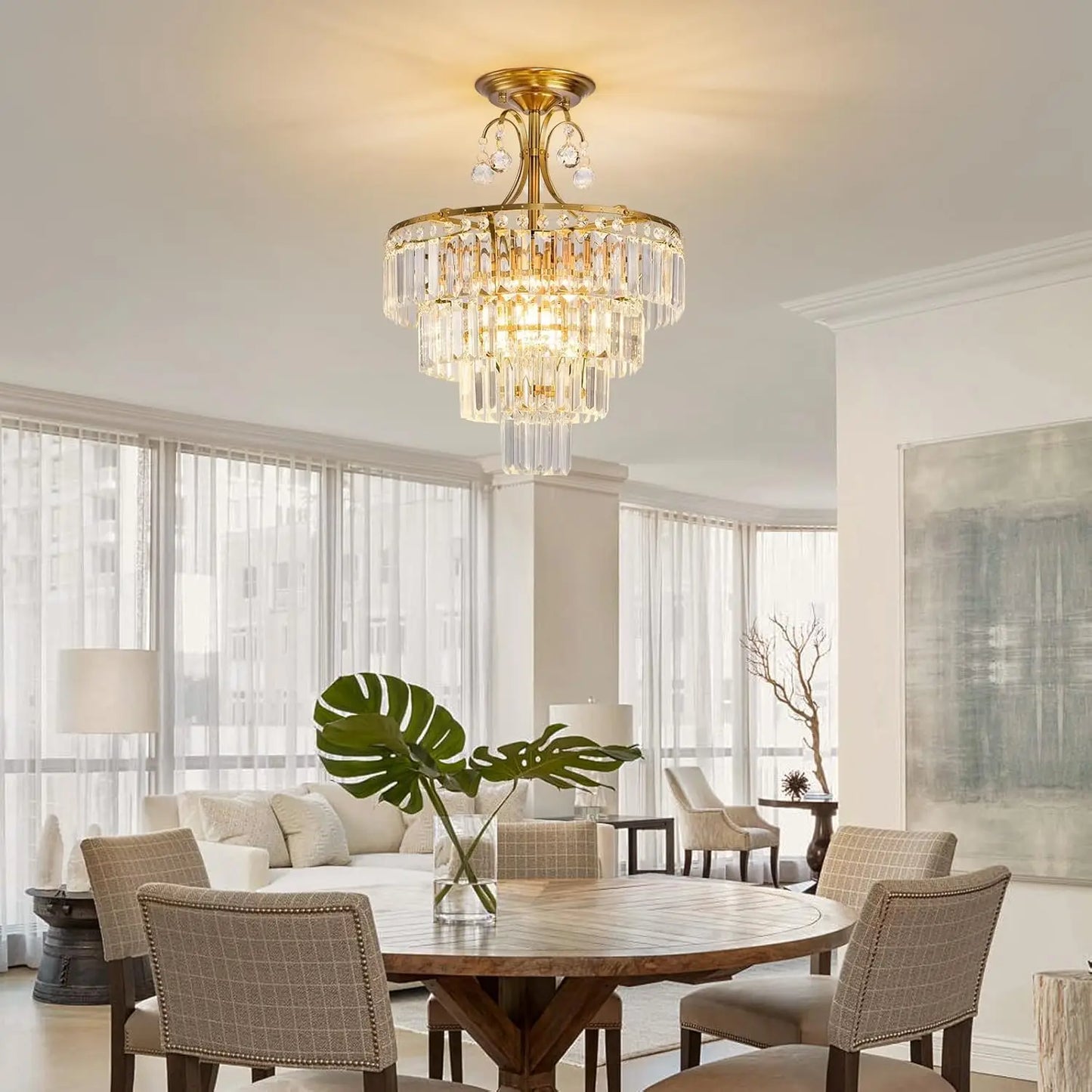 Semi Flush Crystal Chandelier With E14 Base Ceiling Light
