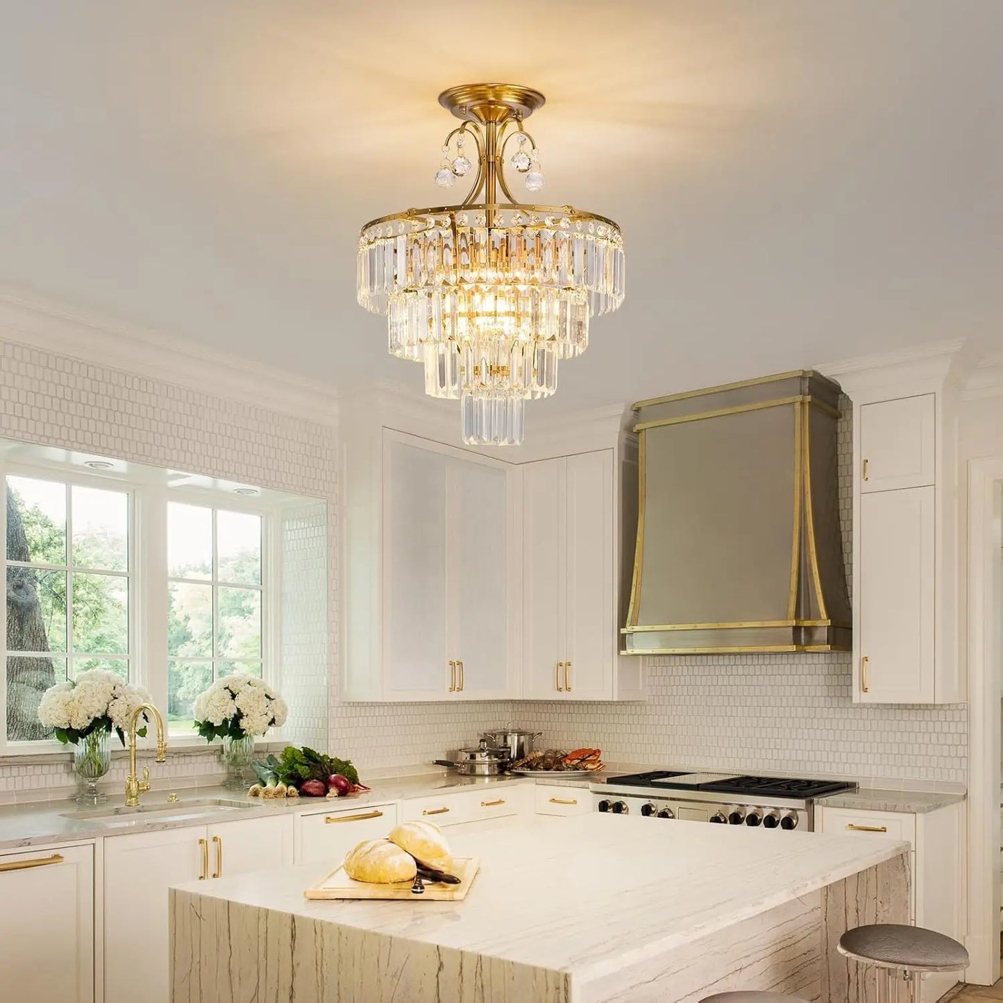 Semi Flush Crystal Chandelier With E14 Base Ceiling Light