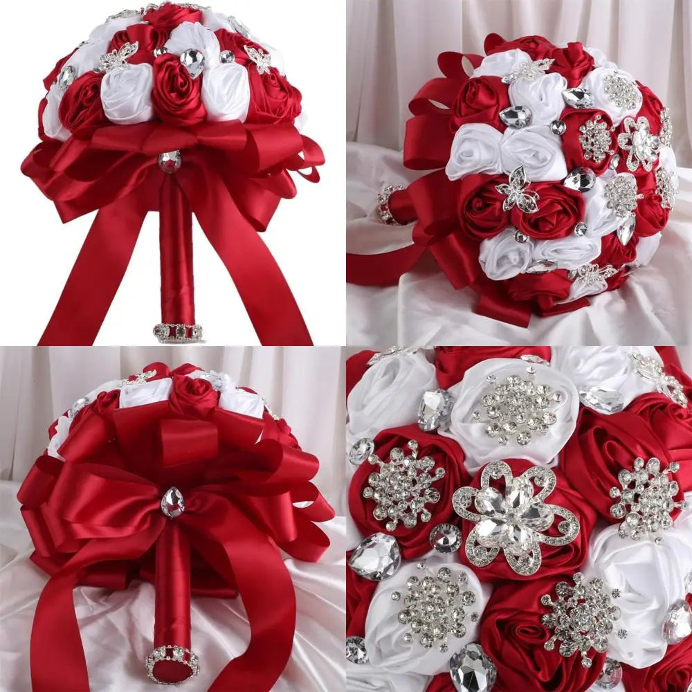Elegant Satin Rose Wedding Bouquet Rhinestone Accents