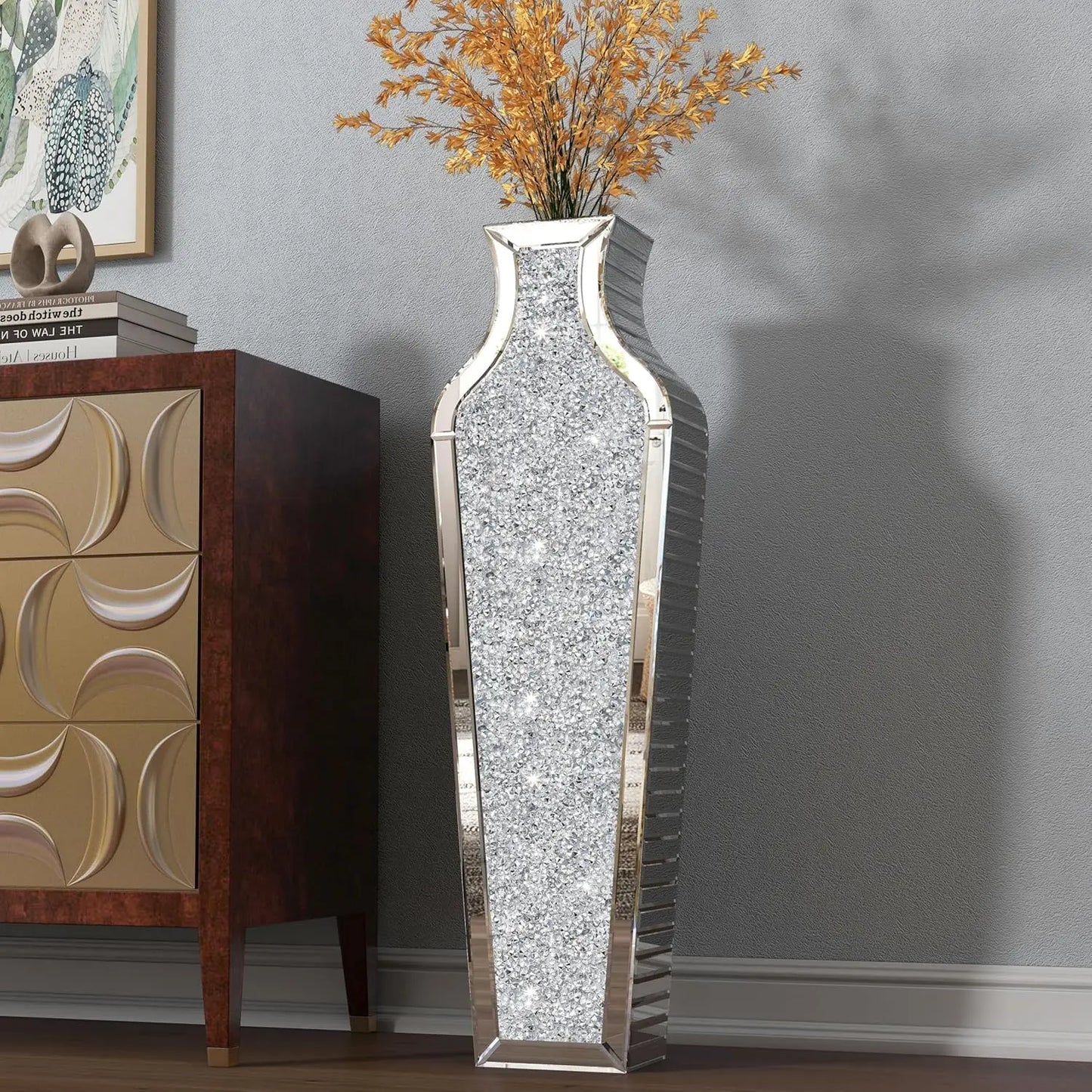 Crushed Diamond Mirrored Floor Vase Glass Flower Pampas