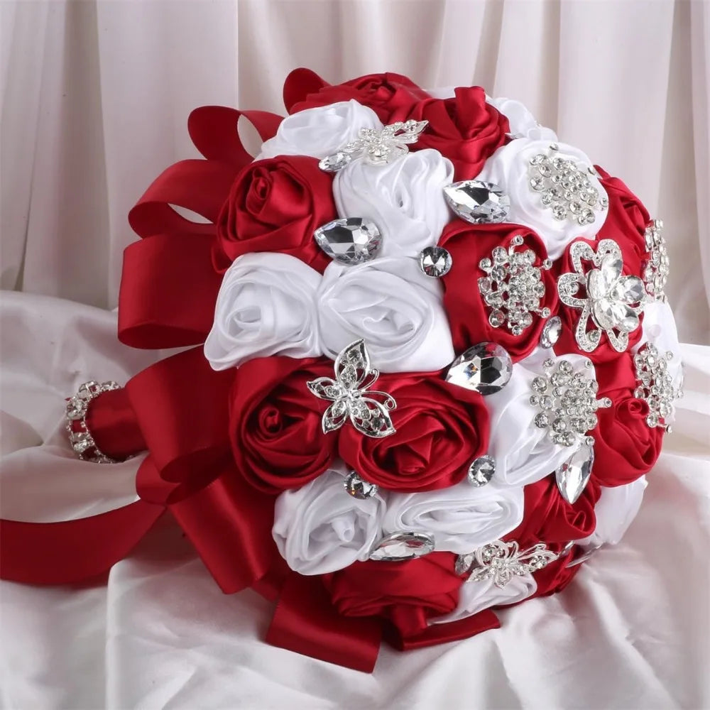 Elegant Satin Rose Wedding Bouquet Rhinestone Accents