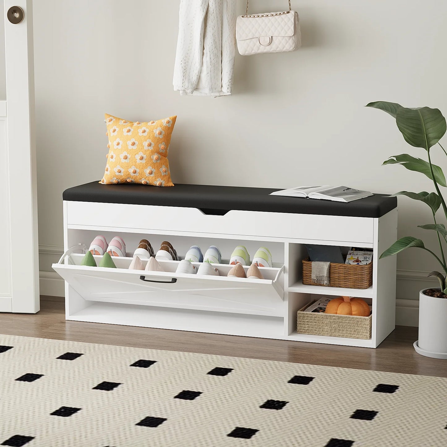 VOWNER Shoe Bench Cabinet Flip Drawers And Compartments