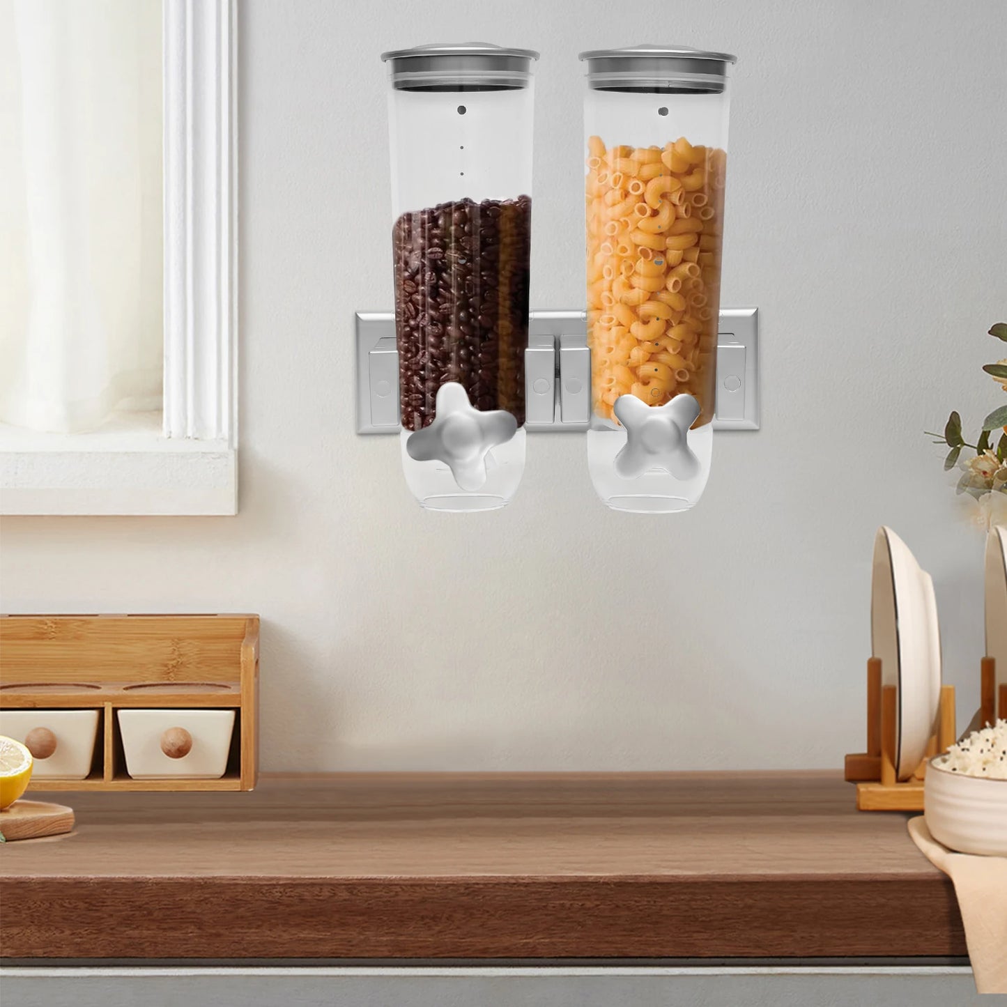 Hign-concerned Wall Mount Dry Food Dispenser Dual Buckets