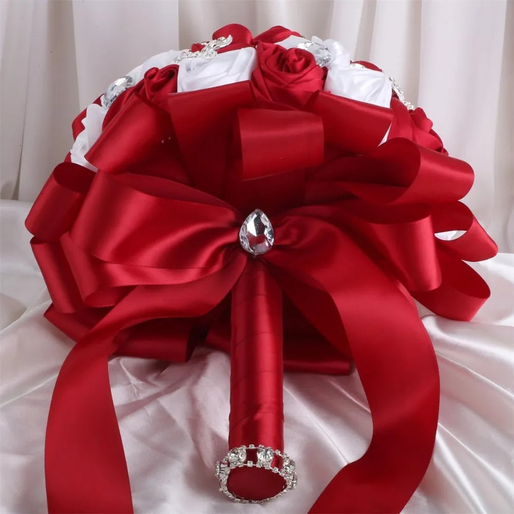 Elegant Satin Rose Wedding Bouquet Rhinestone Accents