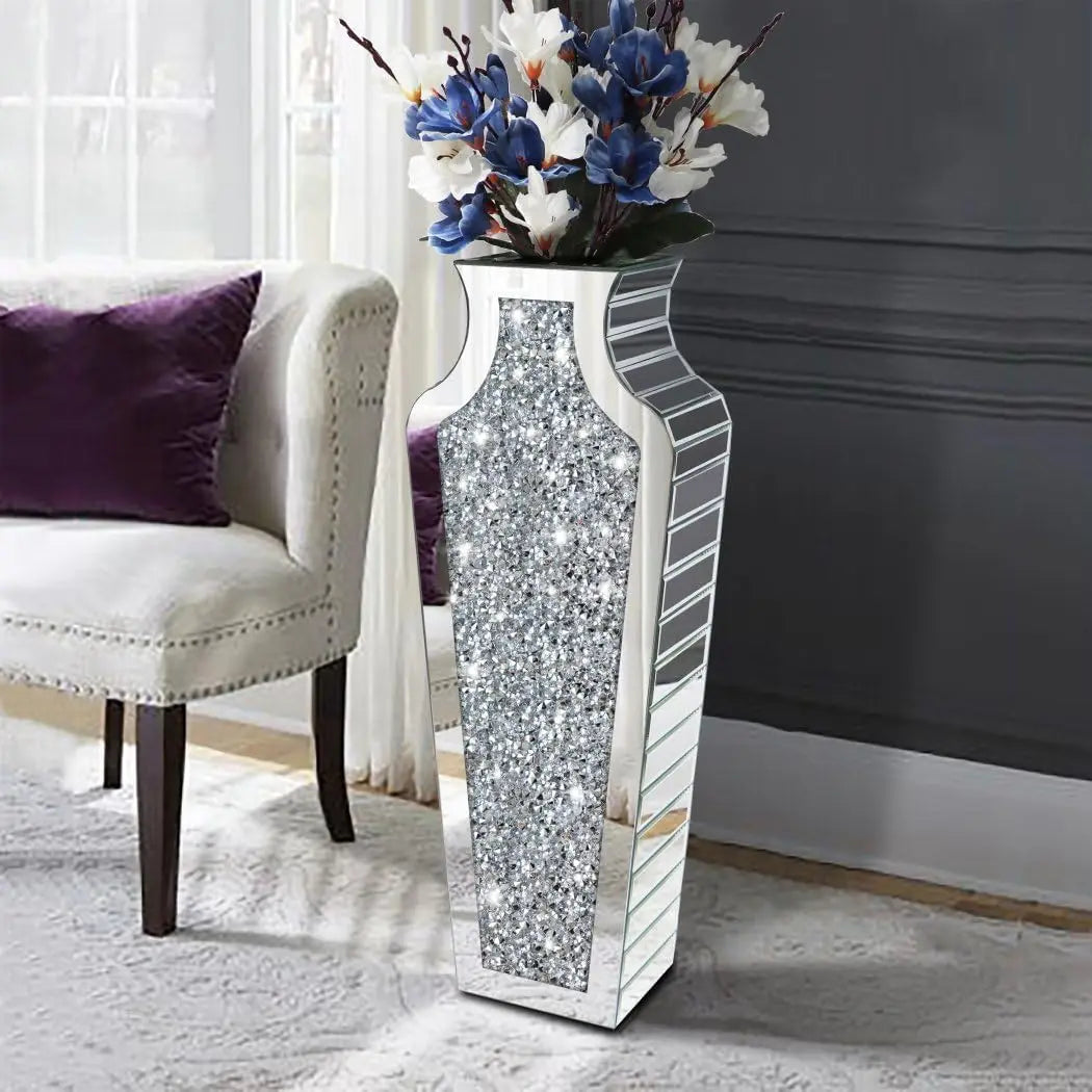 Crushed Diamond Mirrored Floor Vase Glass Flower Pampas