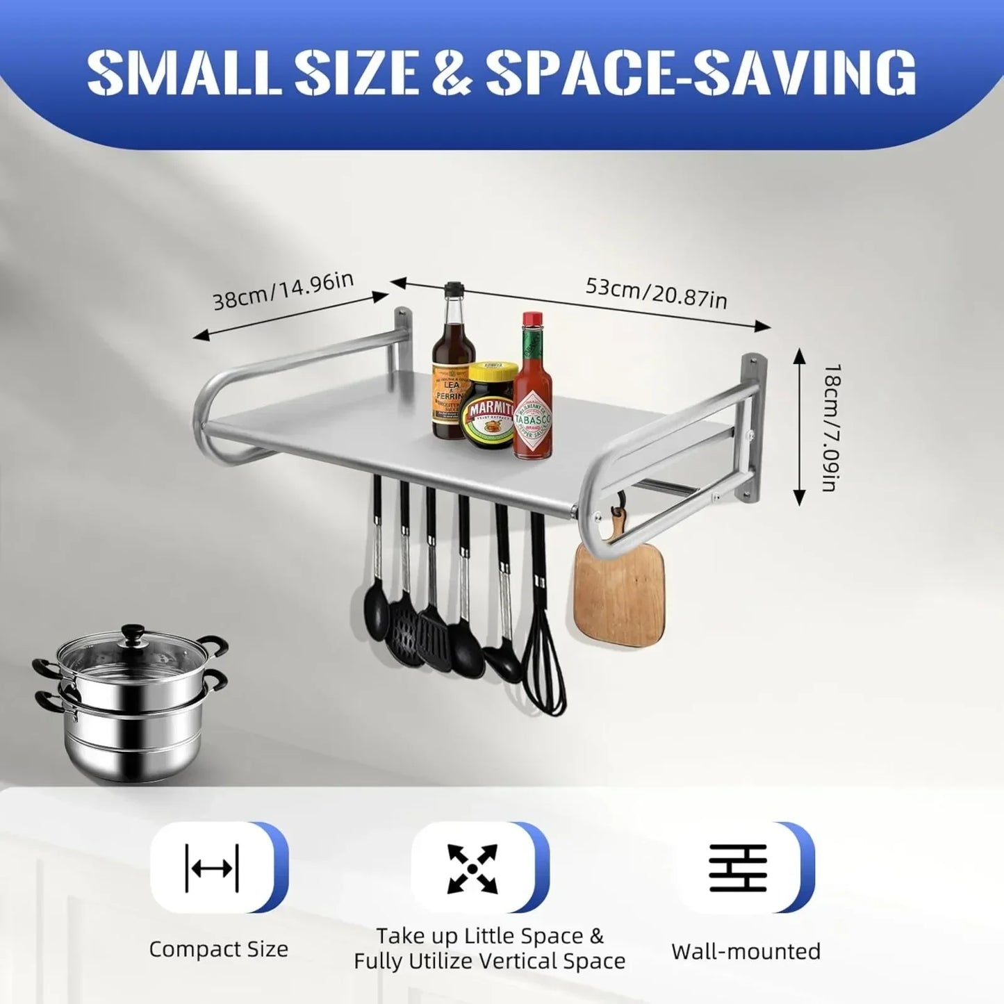 Hignconcerned Stainless Wall Mount Utensil Shelf 6 Hooks