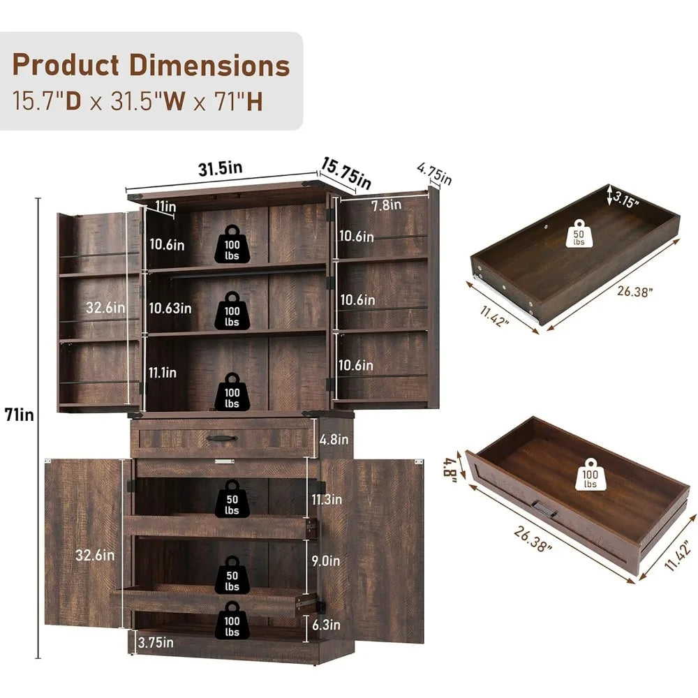RBXCH Farmhouse Pantry Cabinet With 3 Drawers And Shelves
