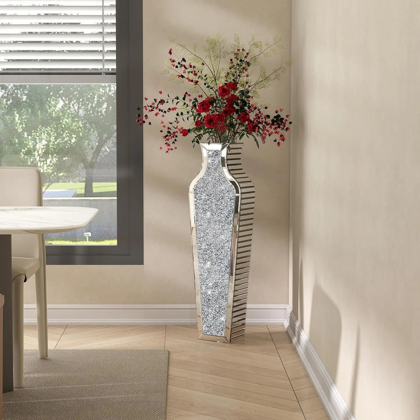 Crushed Diamond Mirrored Floor Vase Glass Flower Pampas