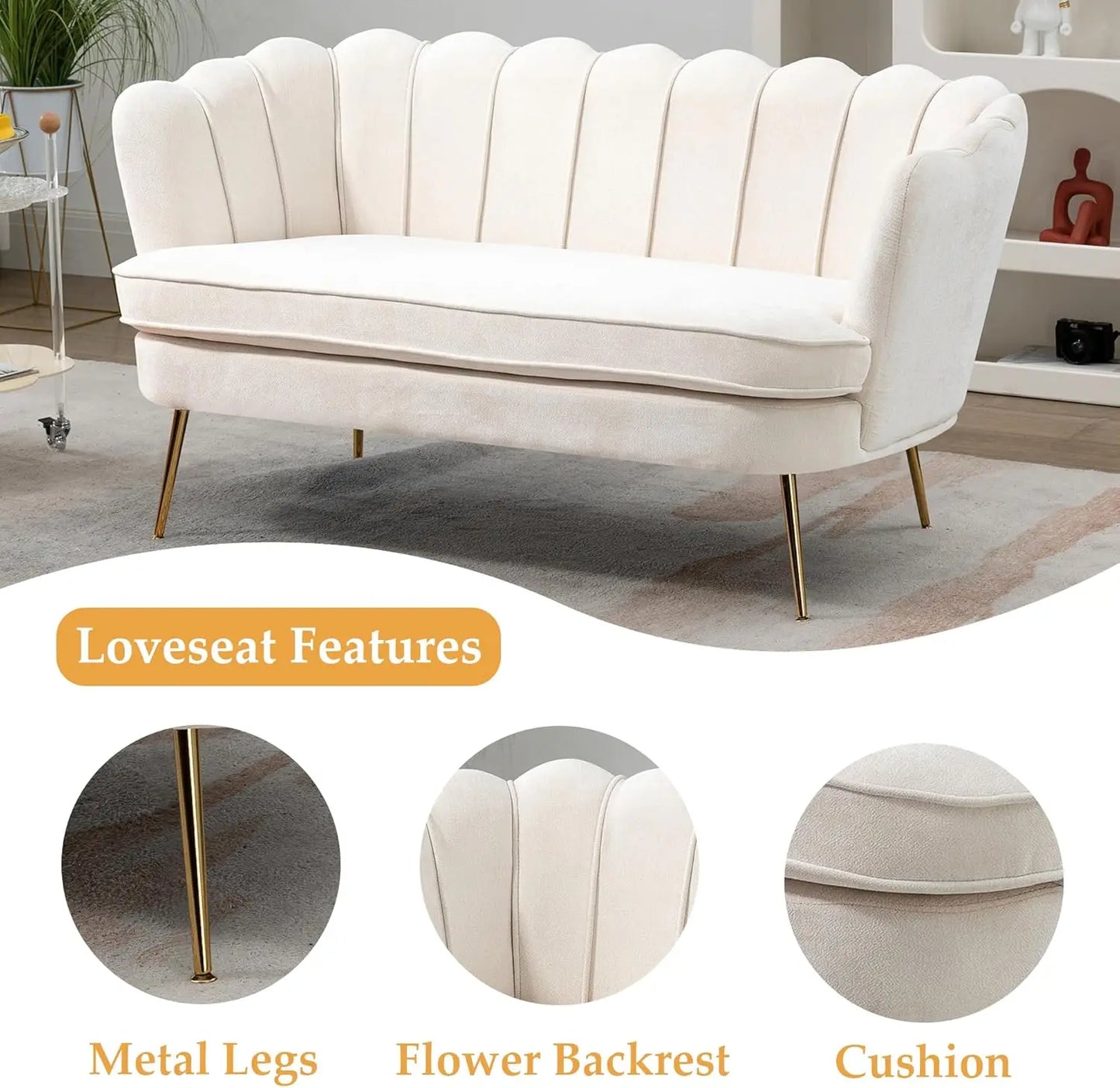 XMSJ Modern Chenille Loveseat Sofa 2 Seater With Gold Legs