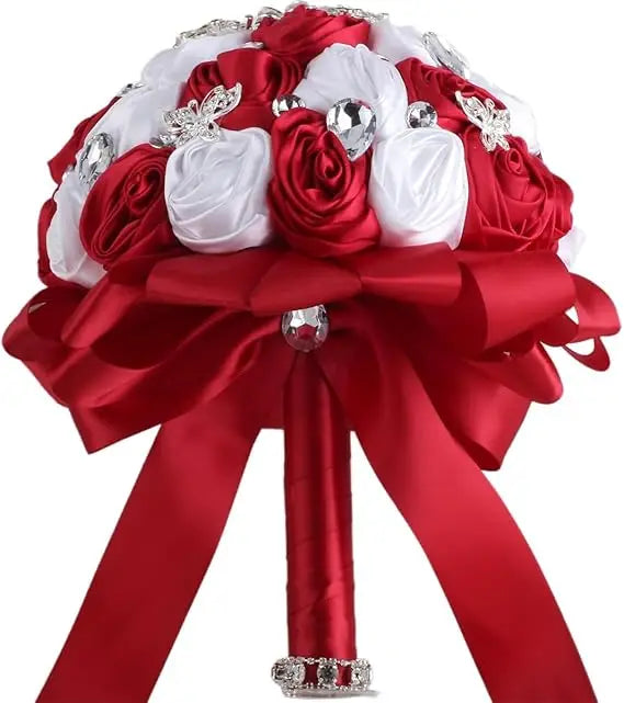 Elegant Satin Rose Wedding Bouquet Rhinestone Accents