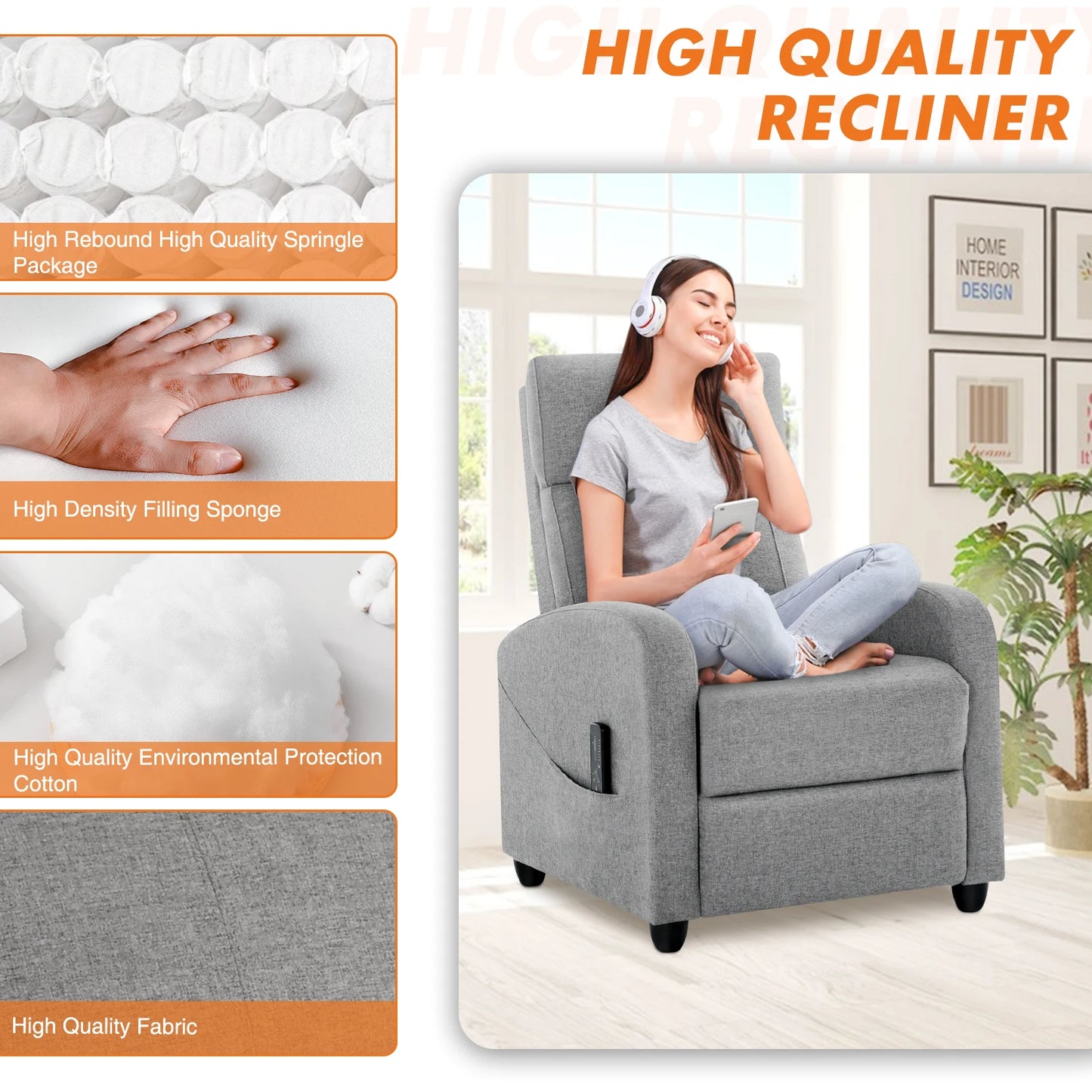 JHK Recliner Chair Massage Sofa Fabric With Lumbar Support