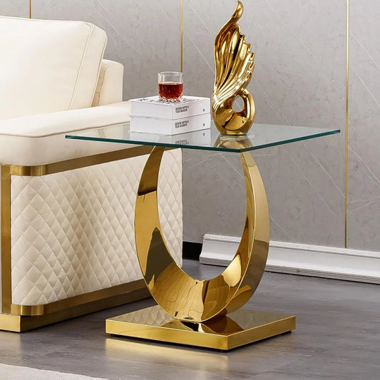 ZHUXIANG Half Moon Glass End Table Pedestal Base Modern