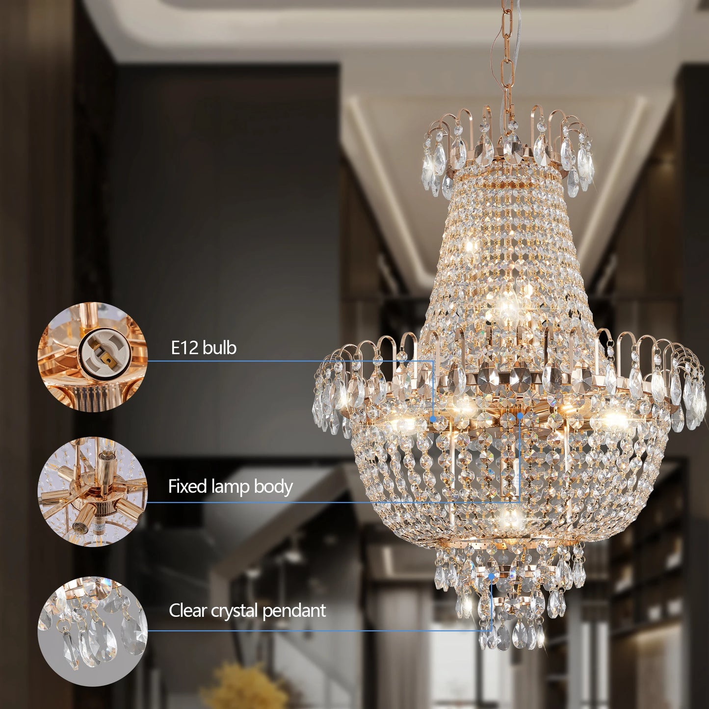 ARLGSITE Crystal Chandelier K9 Crystals Ceiling Light
