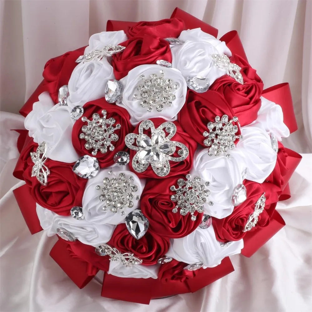 Elegant Satin Rose Wedding Bouquet Rhinestone Accents