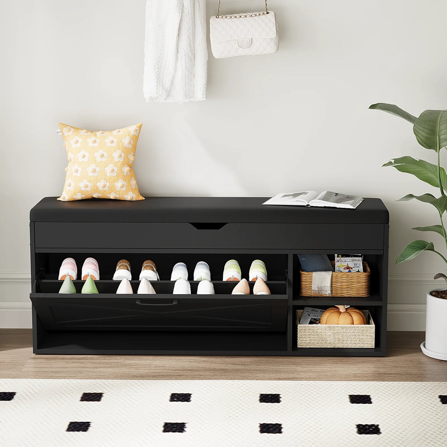 VOWNER Shoe Bench Cabinet Flip Drawers And Compartments