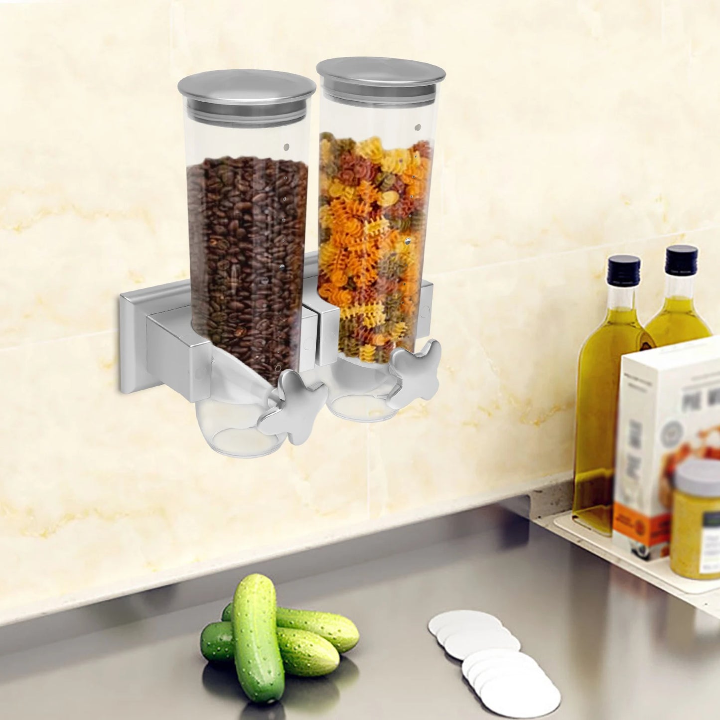 Hign-concerned Wall Mount Dry Food Dispenser Dual Buckets