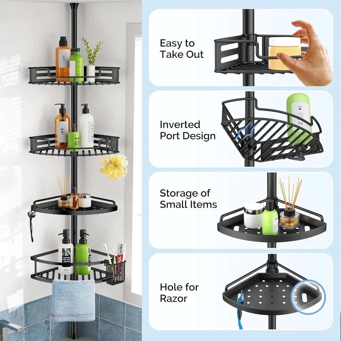 Hign-concerned Corner Shower Caddy Tension Pole Four Tier