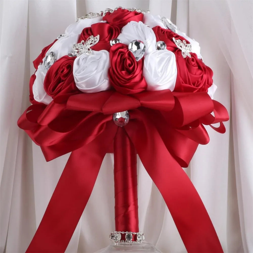 Elegant Satin Rose Wedding Bouquet Rhinestone Accents