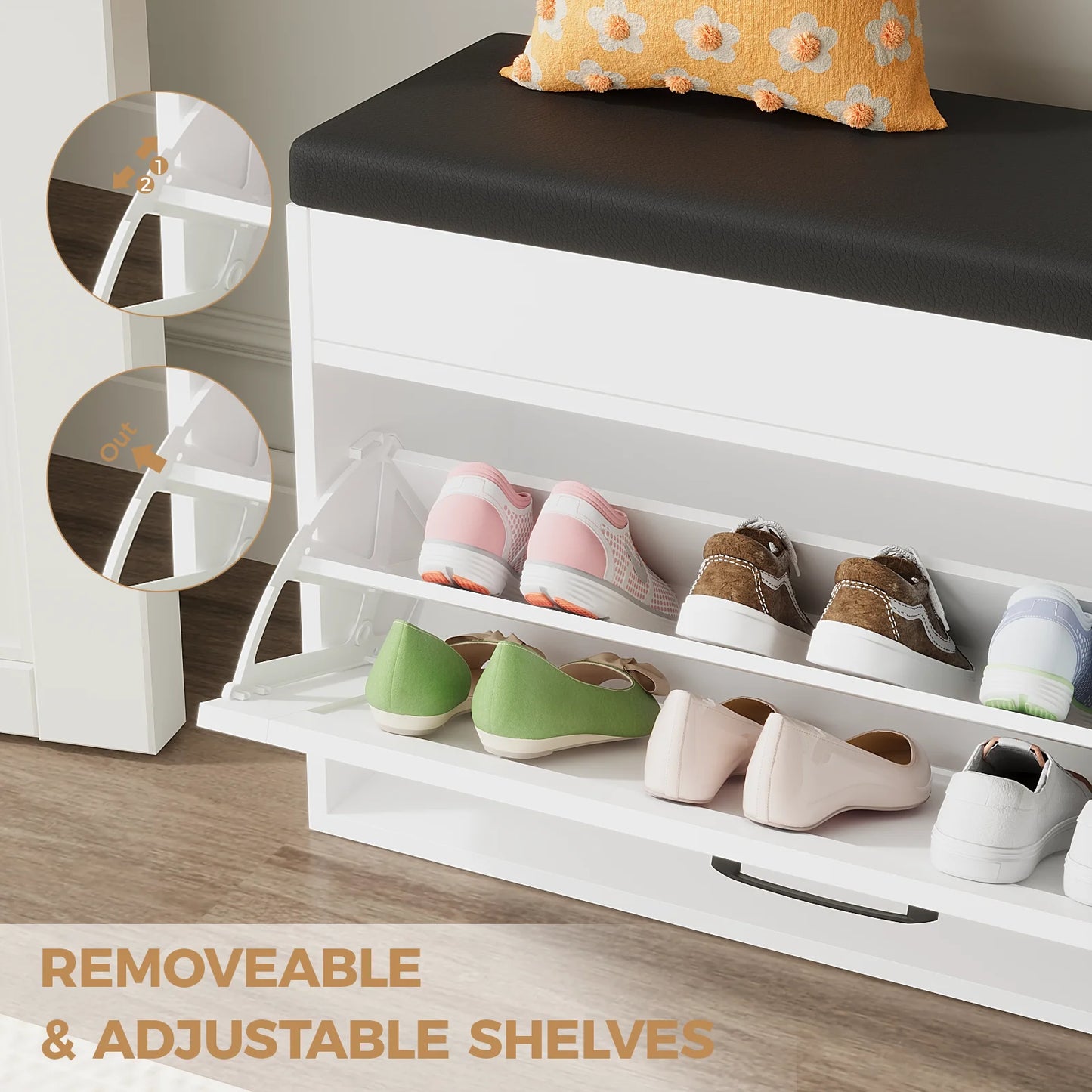 VOWNER Shoe Bench Cabinet Flip Drawers And Compartments