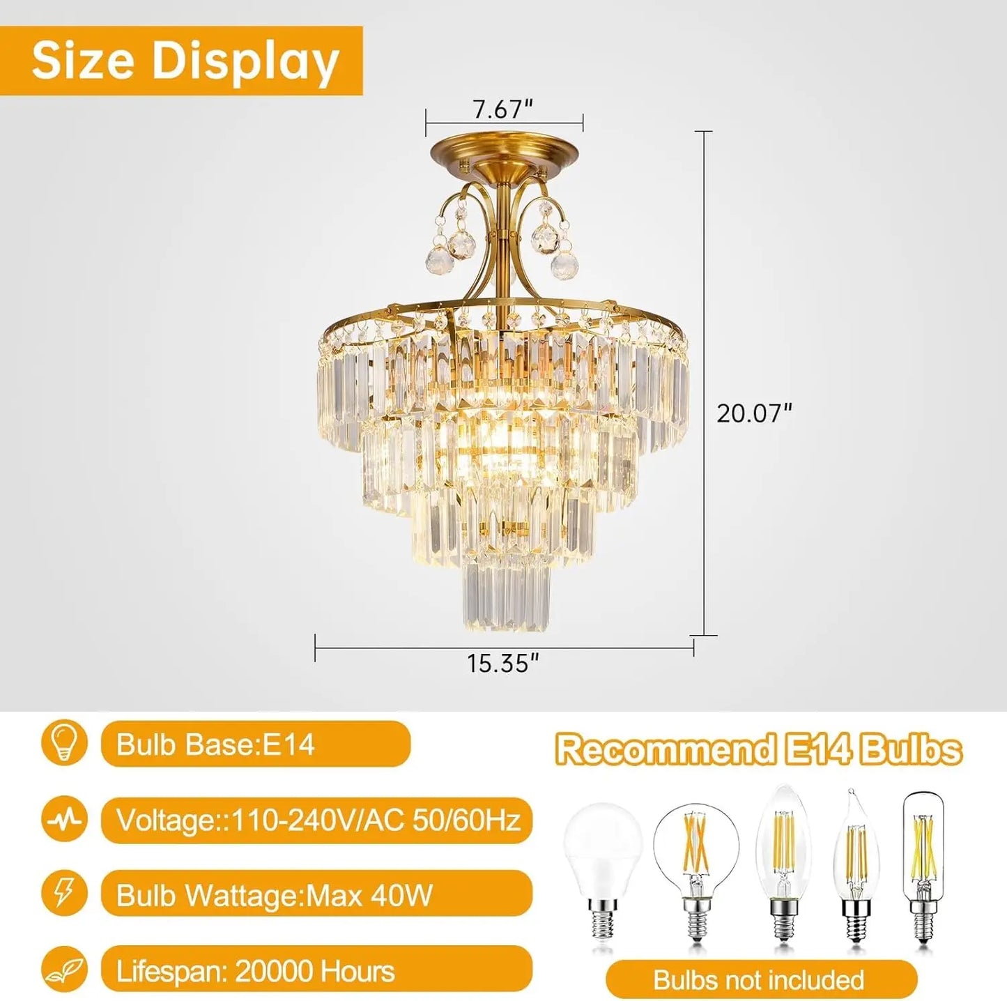 Semi Flush Crystal Chandelier With E14 Base Ceiling Light