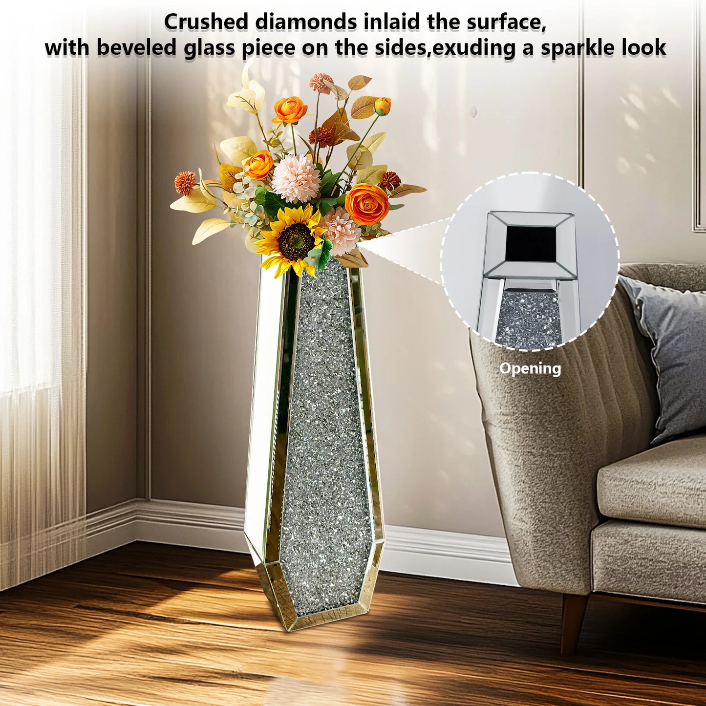 Crushed Diamond Mirrored Floor Vase Glass Flower Pampas